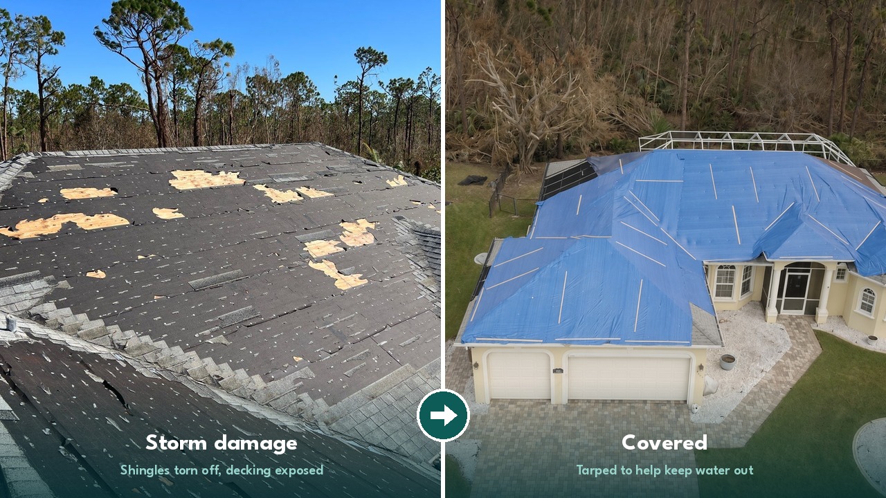 Storm-damaged shingle roof beside the same house covered in a blue tarp