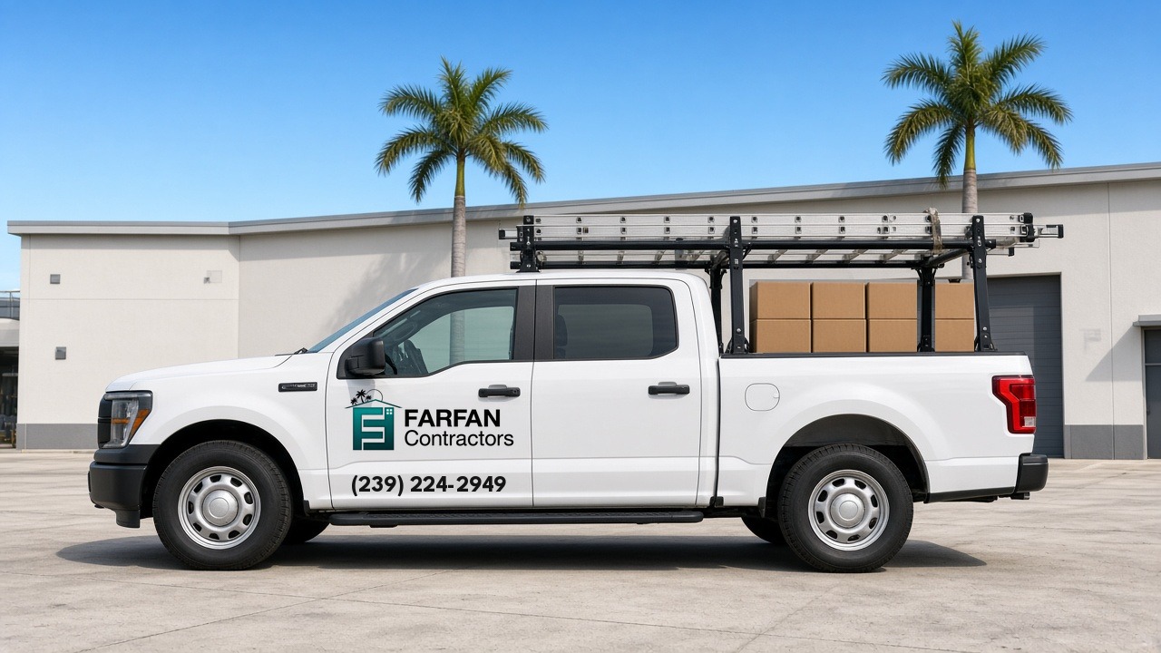 FarFan Contractors truck with ladders, parked and ready